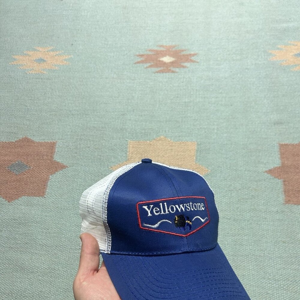 Vintage trucker hat mesh cap Yellowstone National park Wyoming buffalo blue snap